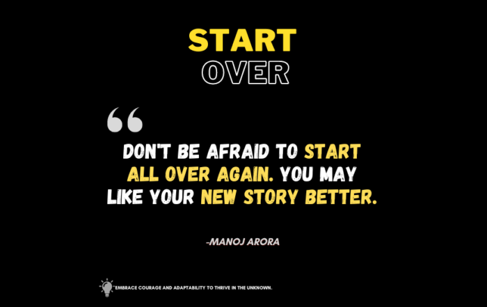 Revitalize Your Existence: Invigorating Quotes for New Adventures. Don't be afraid to start all over again. You may like your new story better. -Manoj Arora